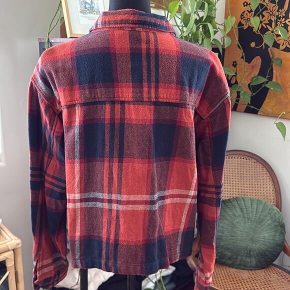 Beach Lunch Lounge Burnt Orange Plaid Zip Up Semi-Cropped Flannel Jacket - Picture 2 of 4